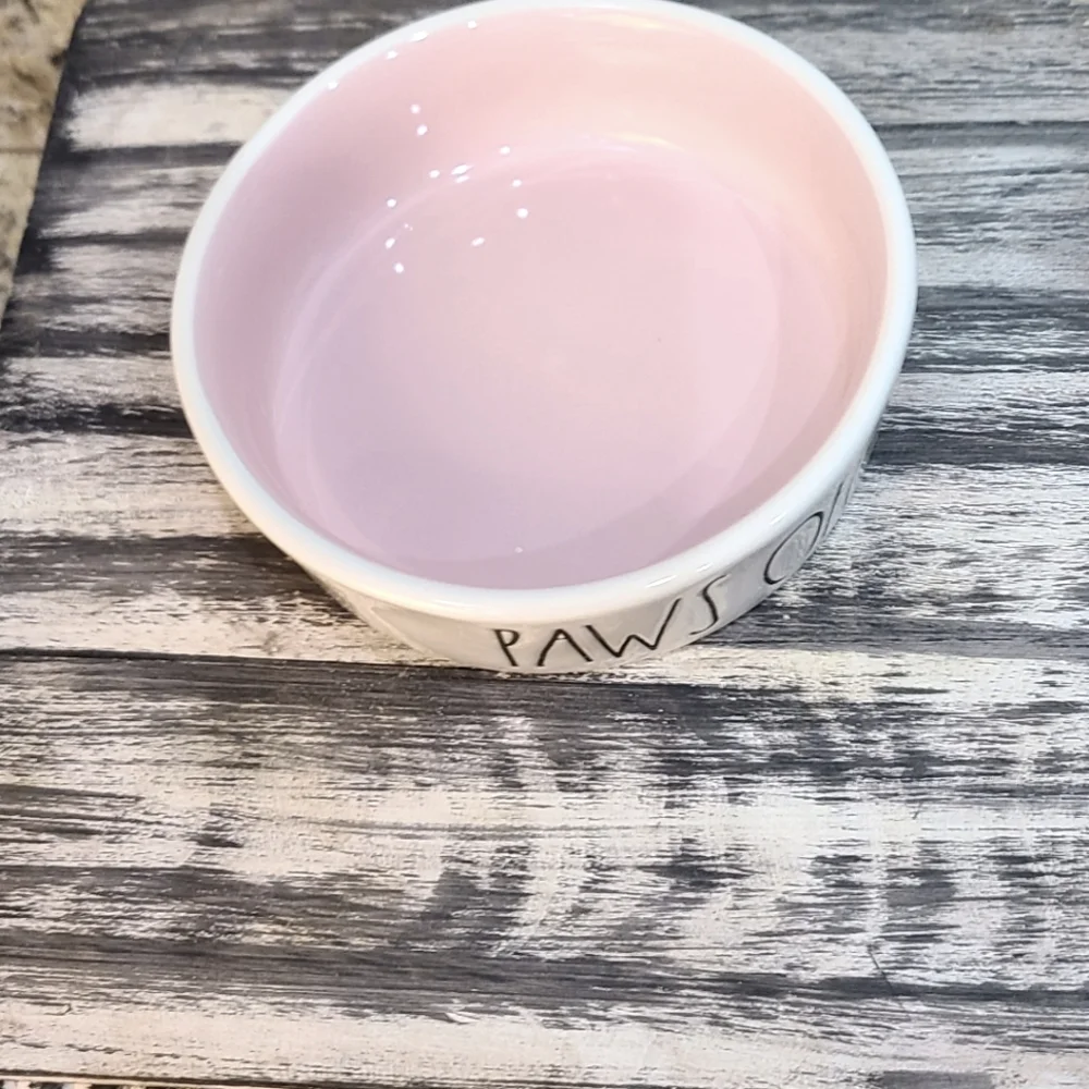 Rae Dunn cat dish, PAWS OFF, pink.